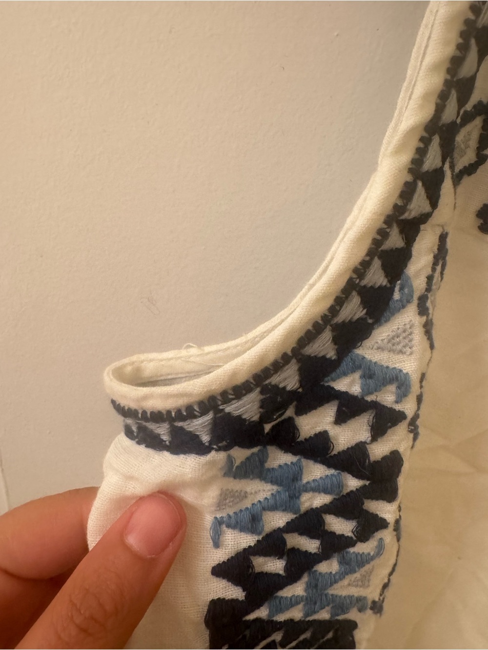 NWOT Lucky Brand Cream dress with Blue Geometric Embroidery - Picture 5 of 7